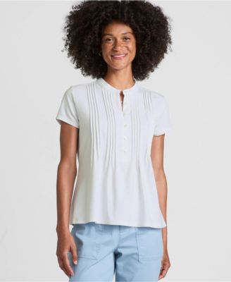 Women's Petite Lightweight Jersey Button Pintuck Top