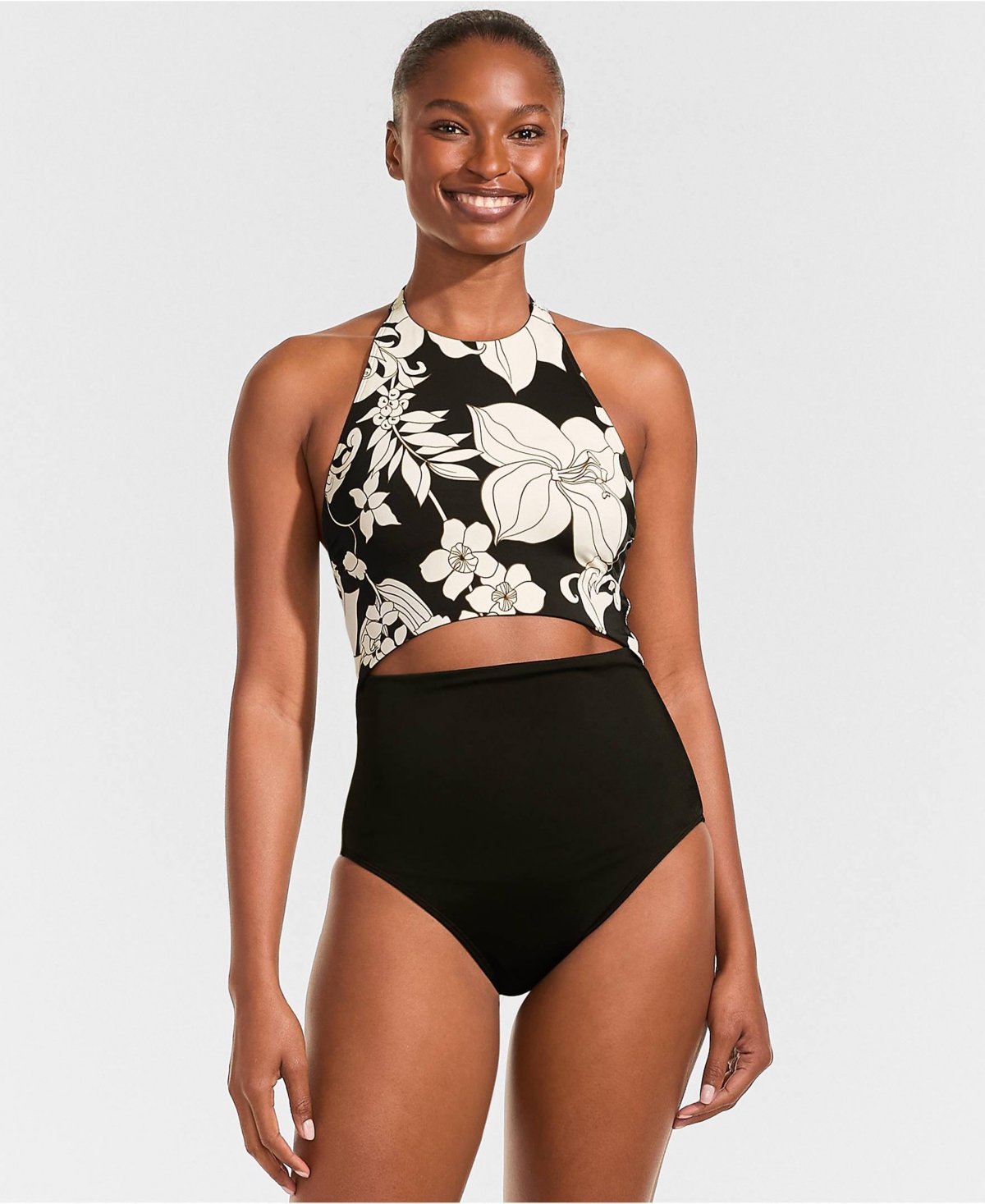 Lands' End Women's Tugless Halter Monokini High Leg One Piece Swimsuit - Black/egret lilies