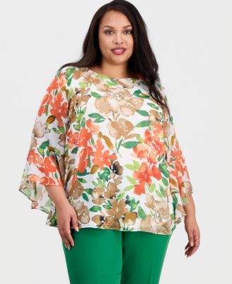Plus Size Printed Ruffle-Sleeve Blouse