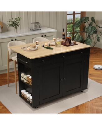 Rolling Kitchen Island with Drop Leaf Countertop, Charging Station & Ample Storage- 47.2 in Mobile Kitchen Cart On Wheels with Pull-Out Shelves