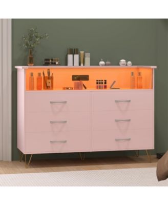 6 Drawer Dressers for Bedroom,Dresser with LED Lights Power Outlet,6-Drawer Wooden Chest with 2-Tier Open Shelf