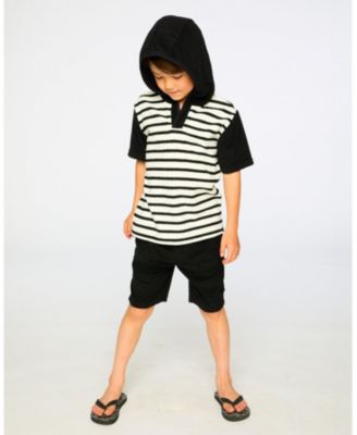 Big Boys Hooded Terry T-Shirt with Shorts Set Black and White Stripes