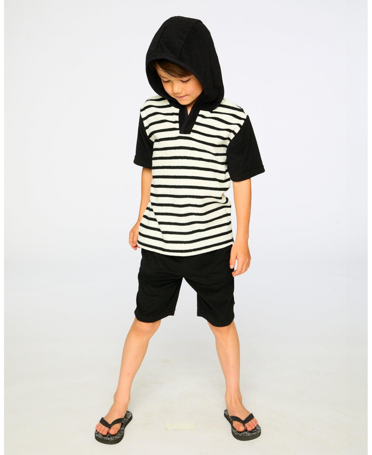 Deux par Deux Big Boys Hooded Terry T-Shirt with Shorts Set Black and White Stripes