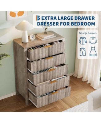 Fluted 5 Drawer Dresser, 45 Tall Slim Dresser for Small Spaces, Modern Farmhouse Wooden Chest of Drawers for Bedroom Nursery Apartment, Easy