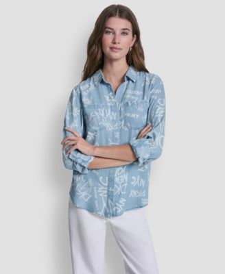 Women's Garment-Dye & Print Split-Back Button-Front Shirt