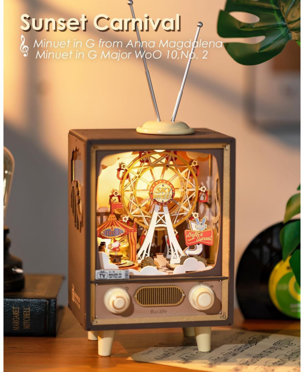 Robotime 3D Wooden Puzzles for Adults Diy Book Nook Kit 16" Ferris Wheel Music Box Model Building Set with Led Crafts for Adults Gifts Girl boy