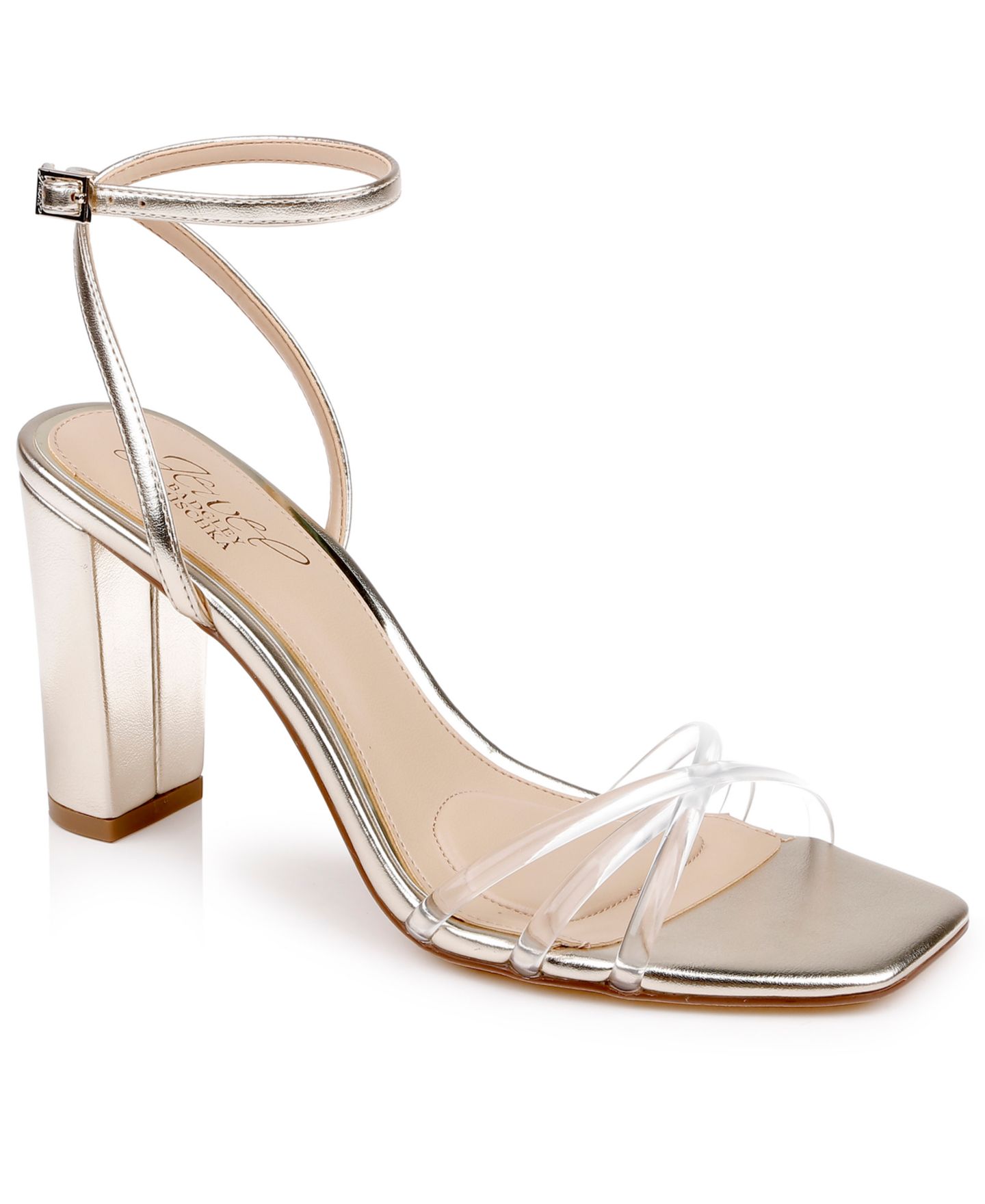 Женские сандалии Jewel Badgley Mischka Phyliss Square Toe Dress Sandals, цвет: Прозрачный / Золотой — фото 1