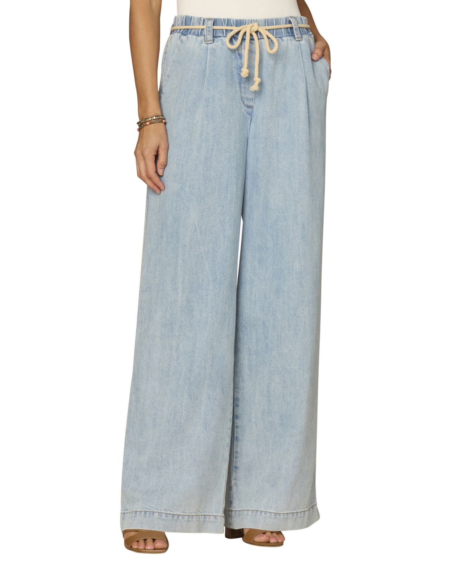 Petite Pleated Wide-Leg Rope Tie Belt Pants
