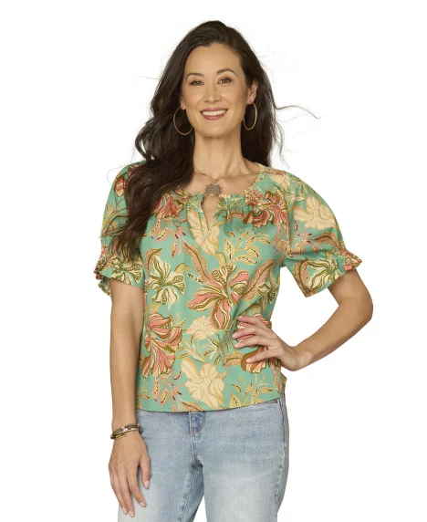 Petite Flutter Short-Sleeve Top - Sea Glass Multi