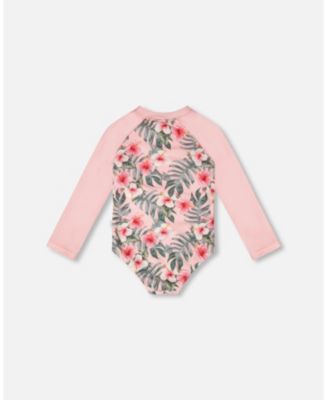Girls One-Piece Long Sleeve Rashguard Pink Hibiscus Print