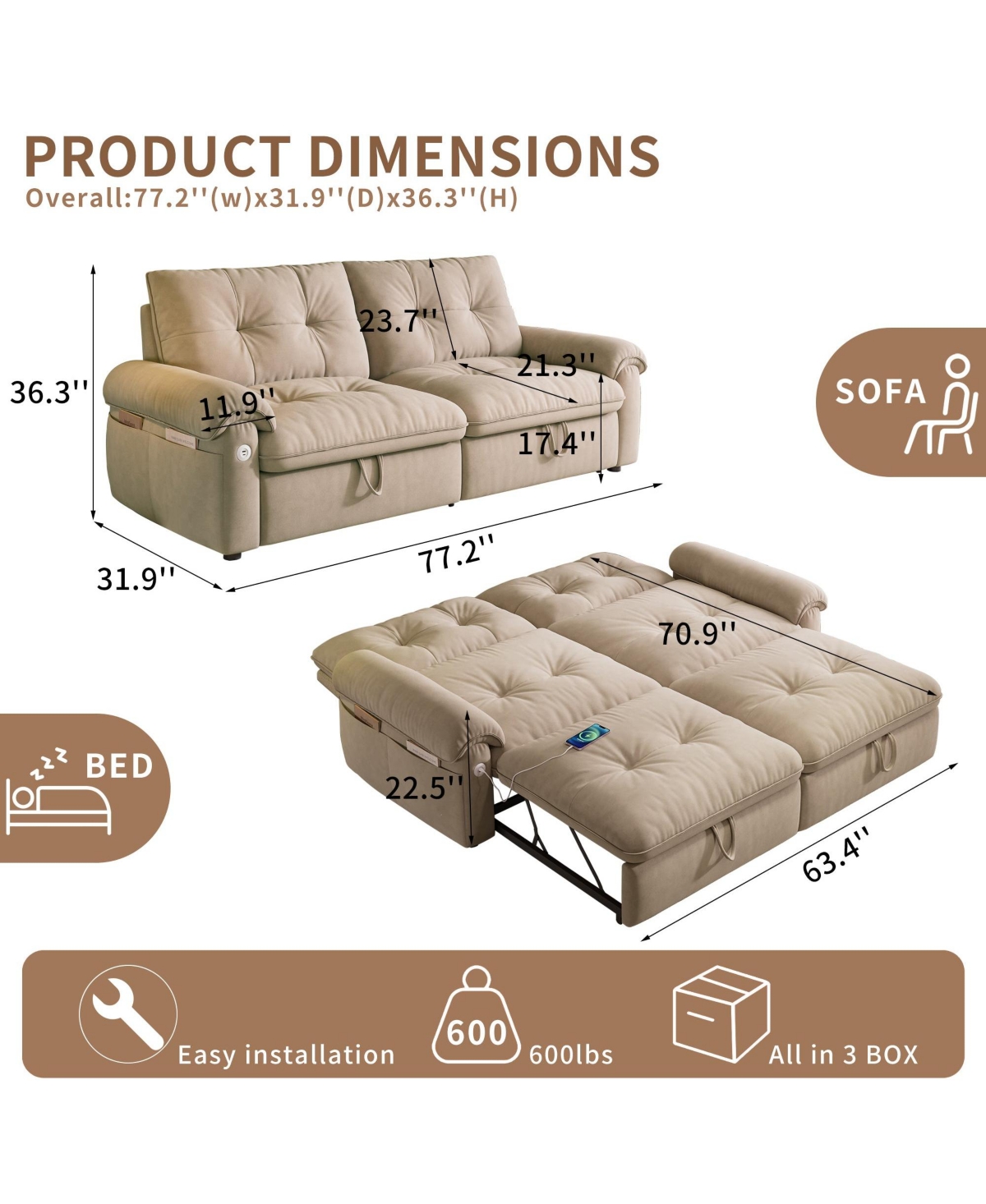 Boyel Living Multifunctional Sofa Bed, 77-inch Modern Velvet Fabric Convertible Couches, 2-in-1 Pull Out Bed with Usb Charger, Beige