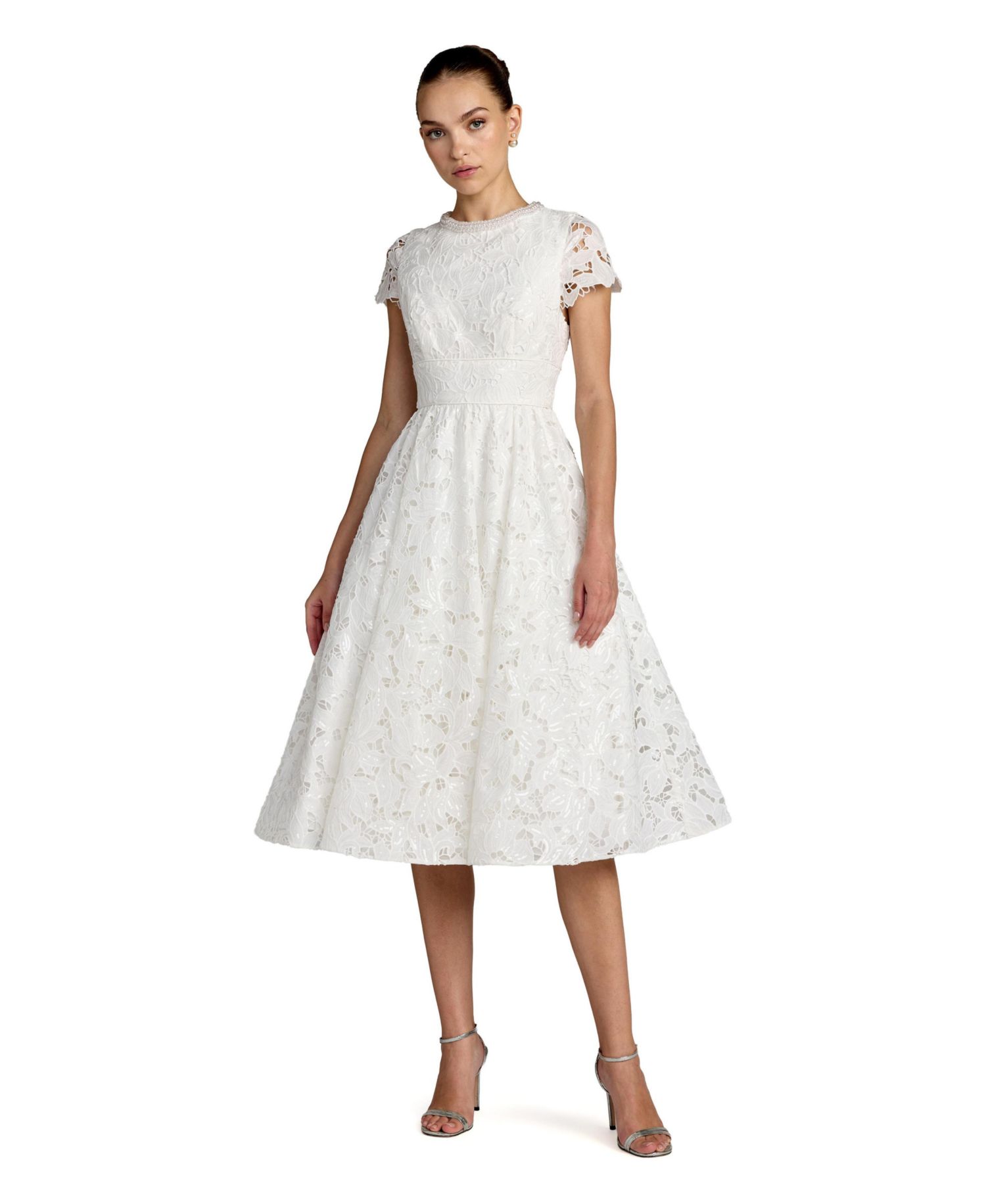 Women's Lace Embellished Cap Sleeves A Line Midi Dress