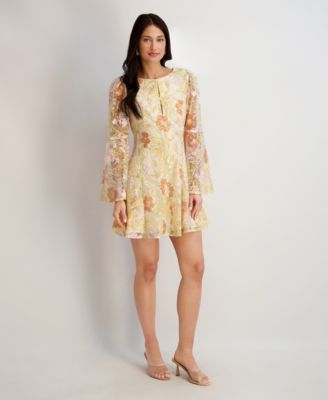 Women's Embroidered Keyhole Neck Mesh Dress