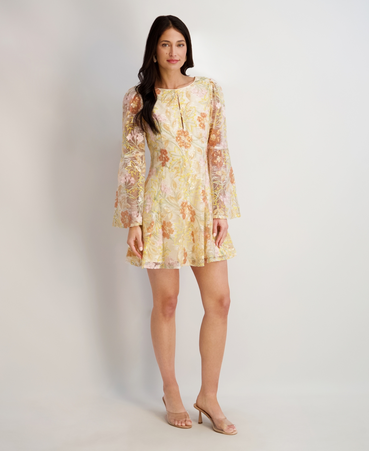 kensie Women's Embroidered Keyhole Neck Mesh Dress