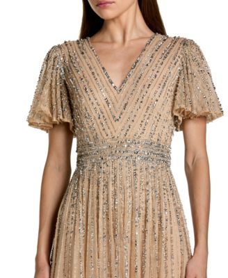 Women's Hand Embellished V-Neck Flutter Sleeve Gown