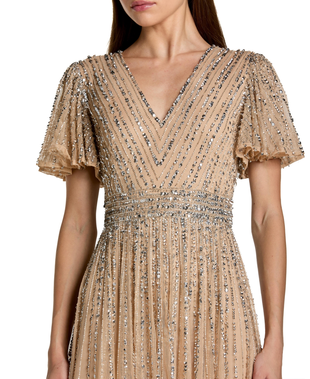 Mac Duggal Women's Hand Embellished V-Neck Flutter Sleeve Gown