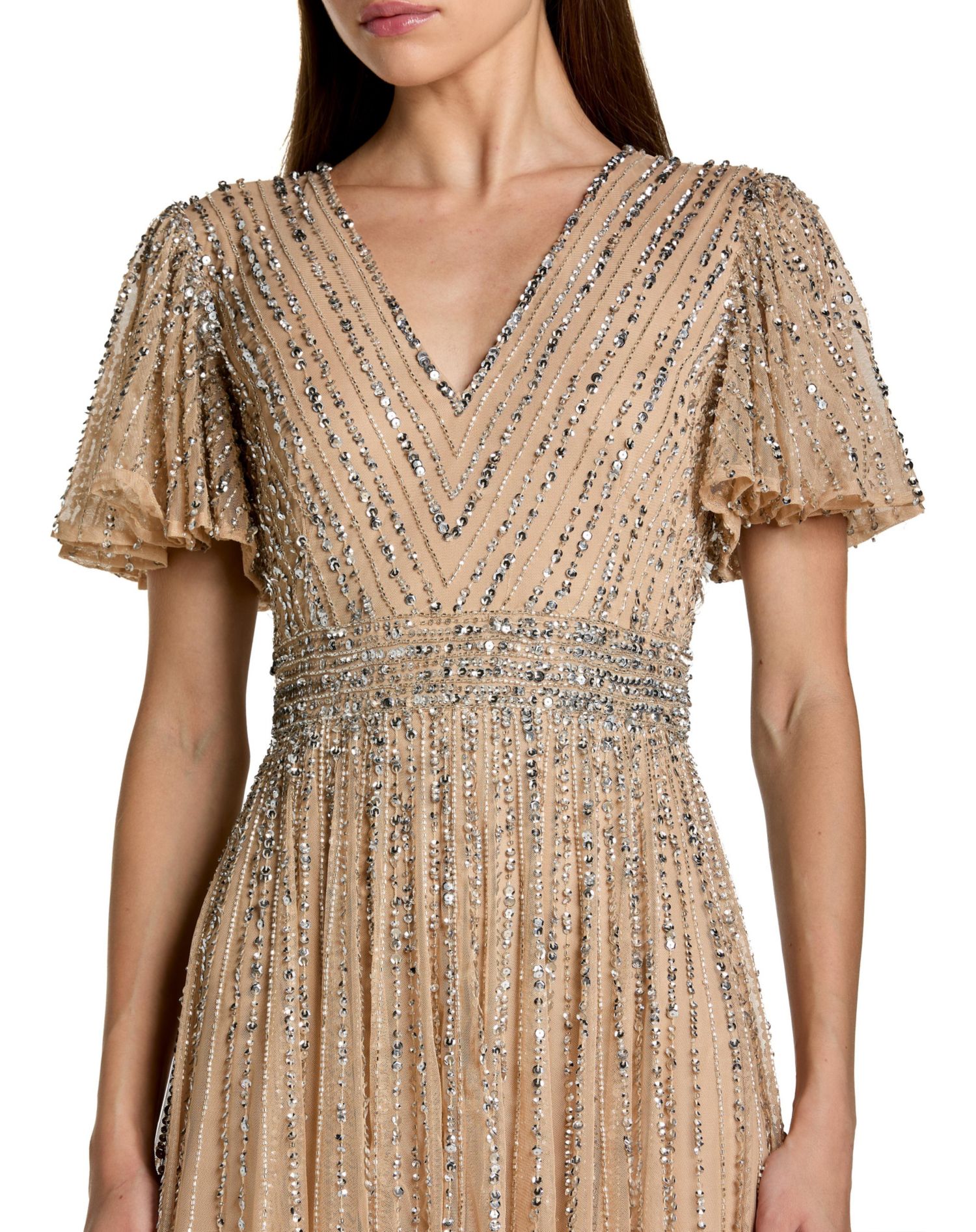 Women's Hand Embellished V-Neck Flutter Sleeve Gown