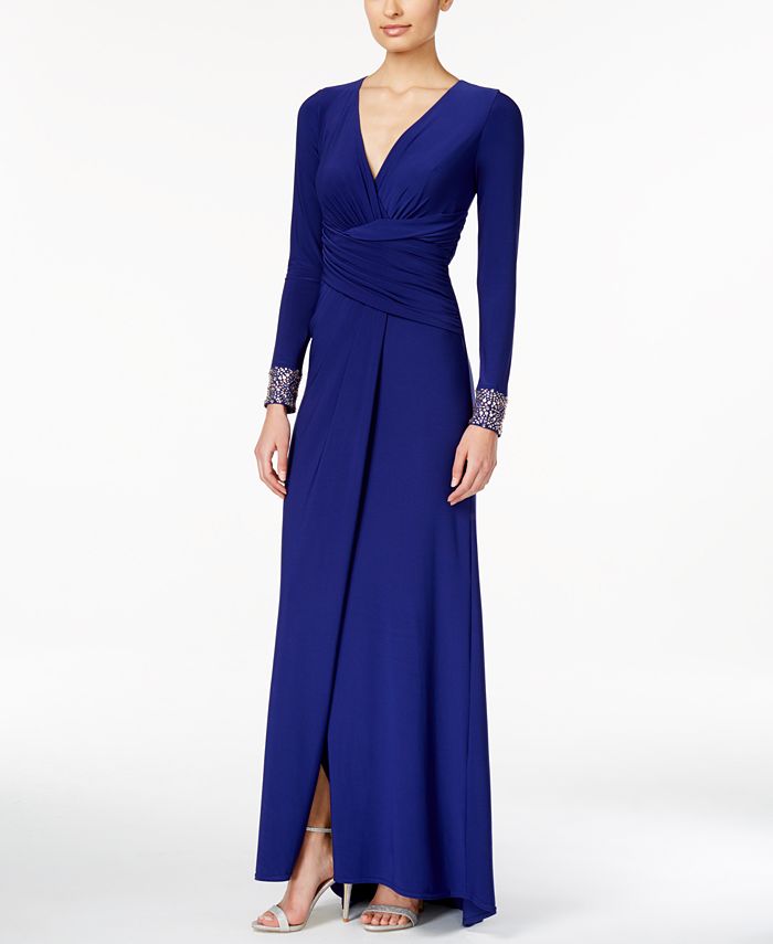 Vince Camuto Long-Sleeve Embellished Faux-Wrap Gown - Macy's