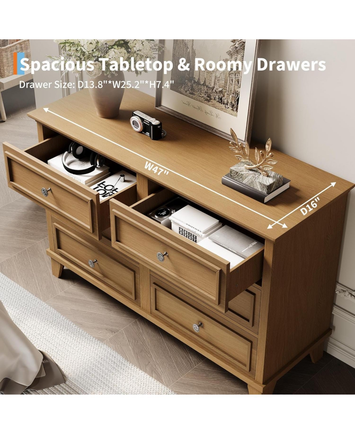 gaomon 6-Drawer Dresser, Wooden Storage Chest with Metal Handles