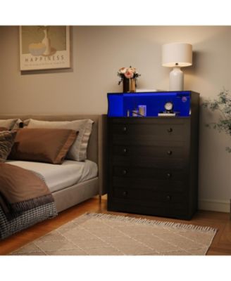 4-Drawer Wooden Dresser with LED Lights & Charging Station, Modern Nightstand Chest for Bedroom