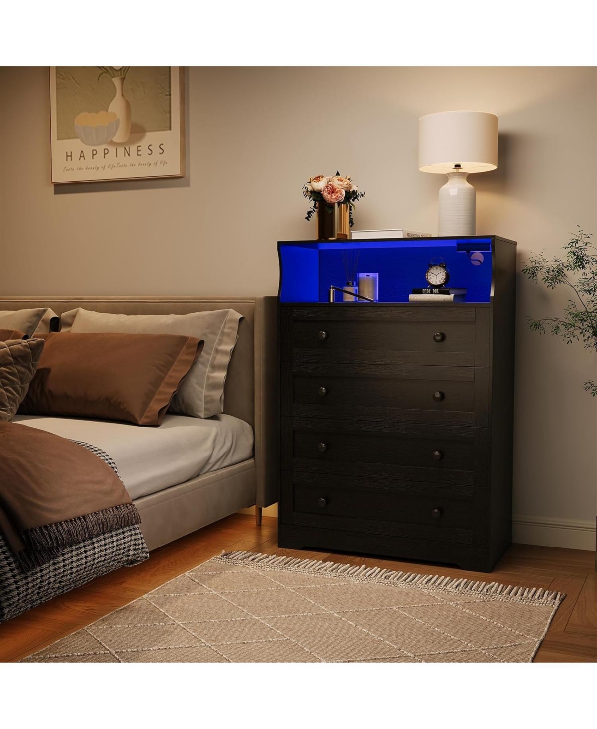 gaomon 4-Drawer Wooden Dresser with Led Lights & Charging Station