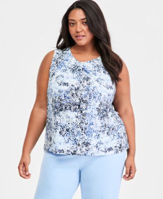 Plus Size Printed Pleat-Neck Sleeveless Top