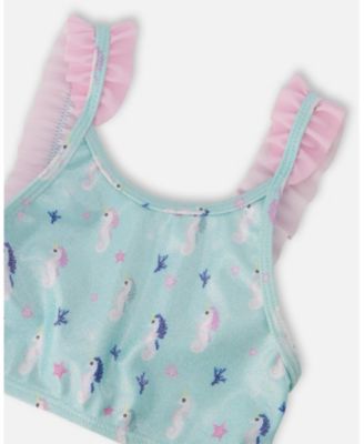 Girls Two-Piece Swimsuit Blue Seahorse Print