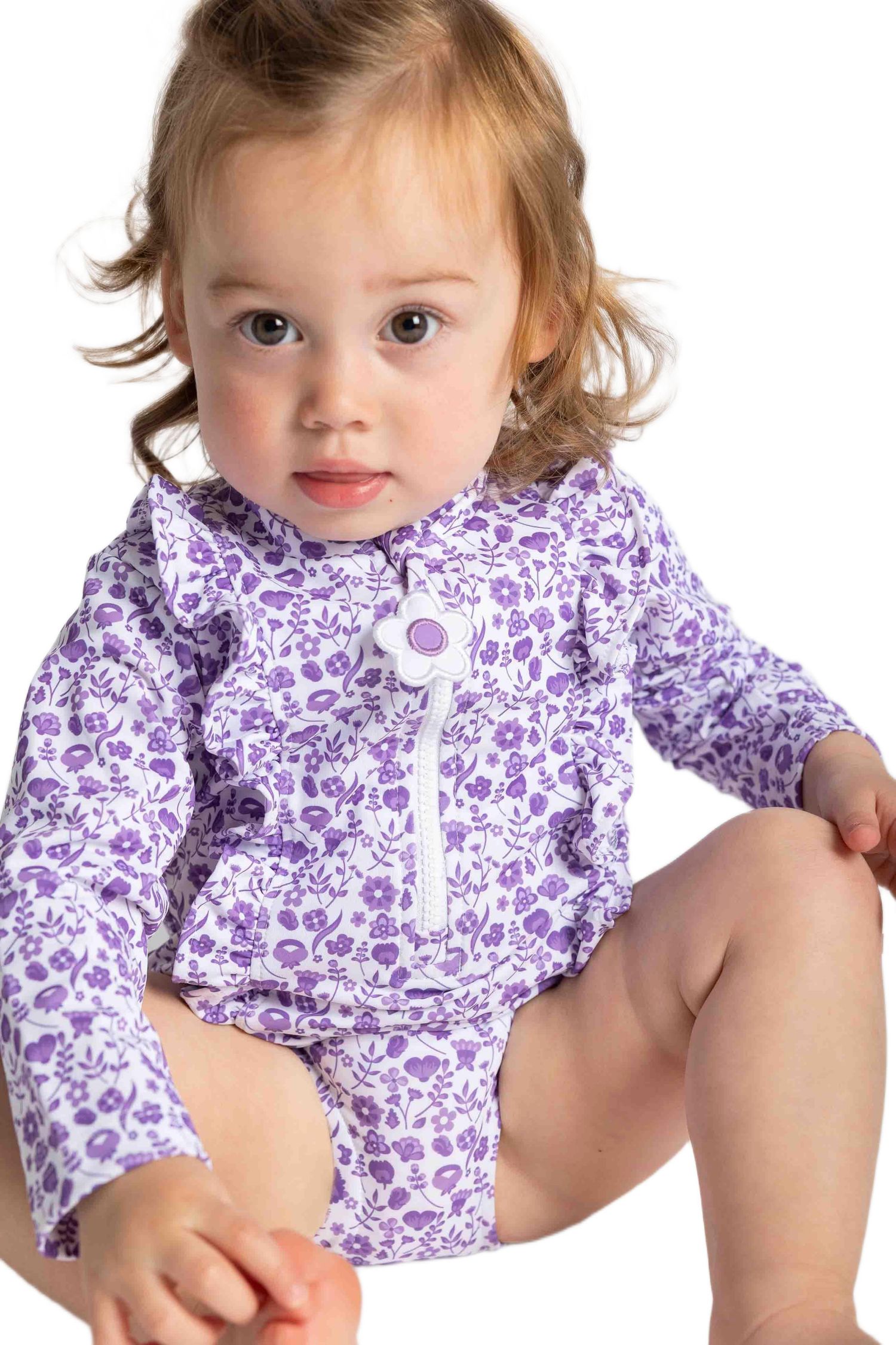 Baby Girl Floral Print One Piece Rashguard with Ruffles