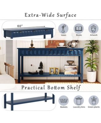 60" Fir Veneer Entryway Table with Honeycomb-patterned Fronts, Console Table with 3 Drawers and Solid Fir legs