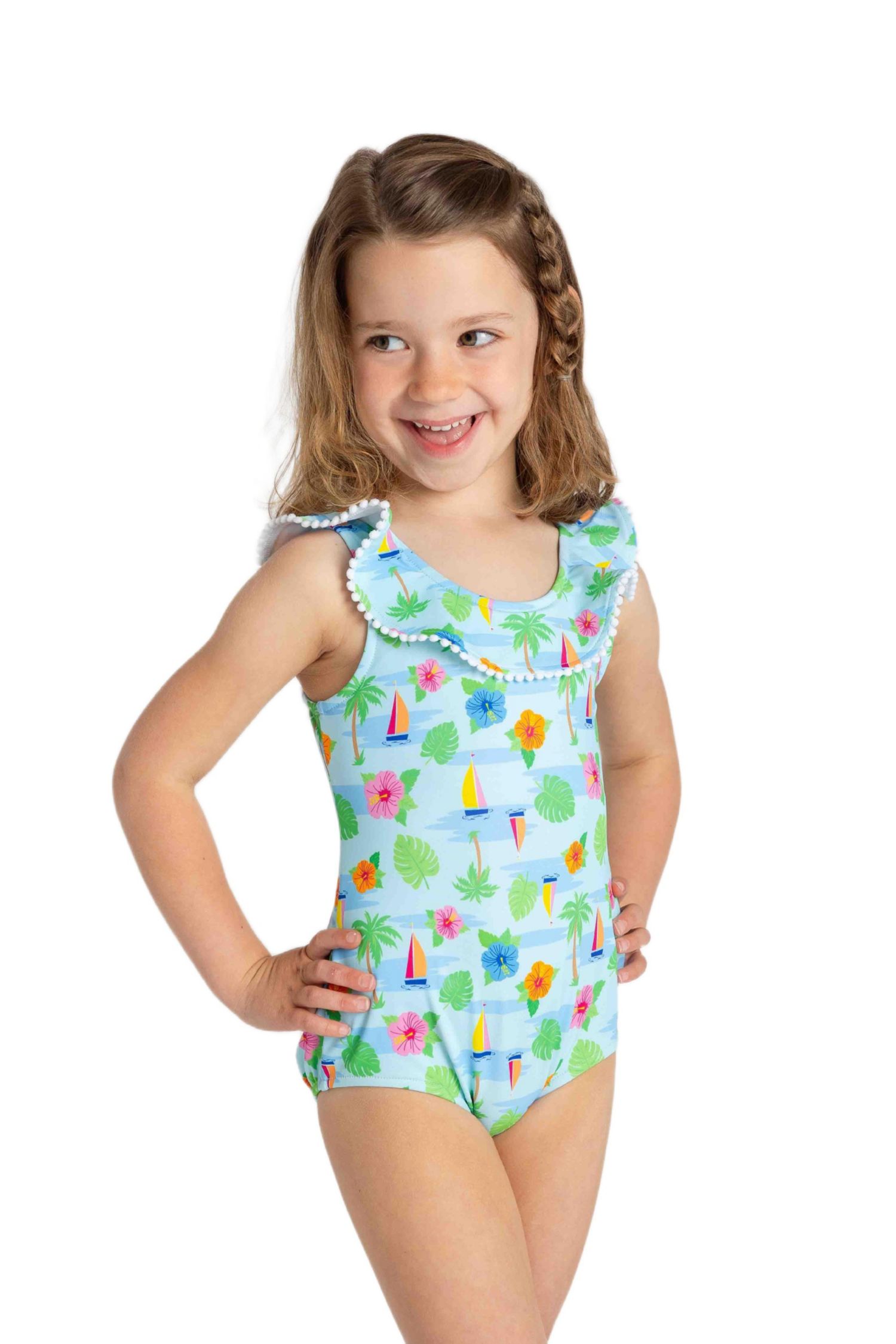Baby Girl Tropical Print Ruffle Neck Swimsuit