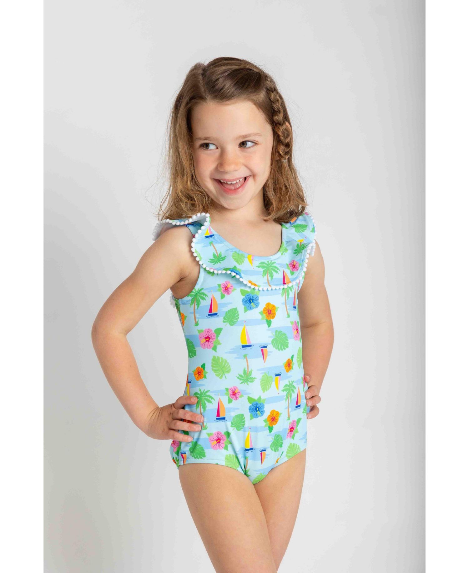 Little Girls Tropical Print Ruffle Neck Swimsuit