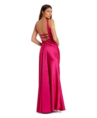 Women's Sleeveless V Neck Satin Gown With Bow Details