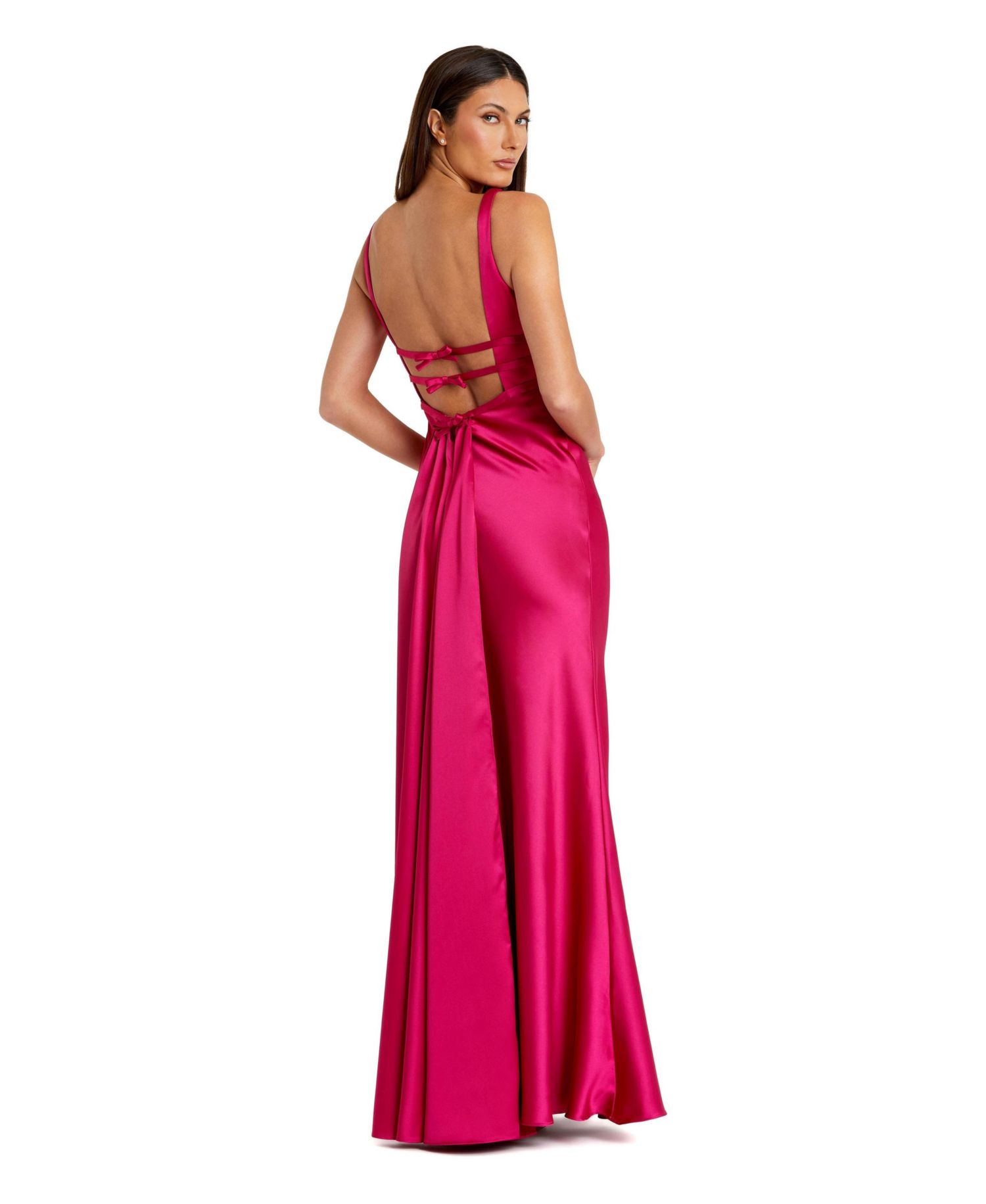 Women's Sleeveless V Neck Satin Gown With Bow Details