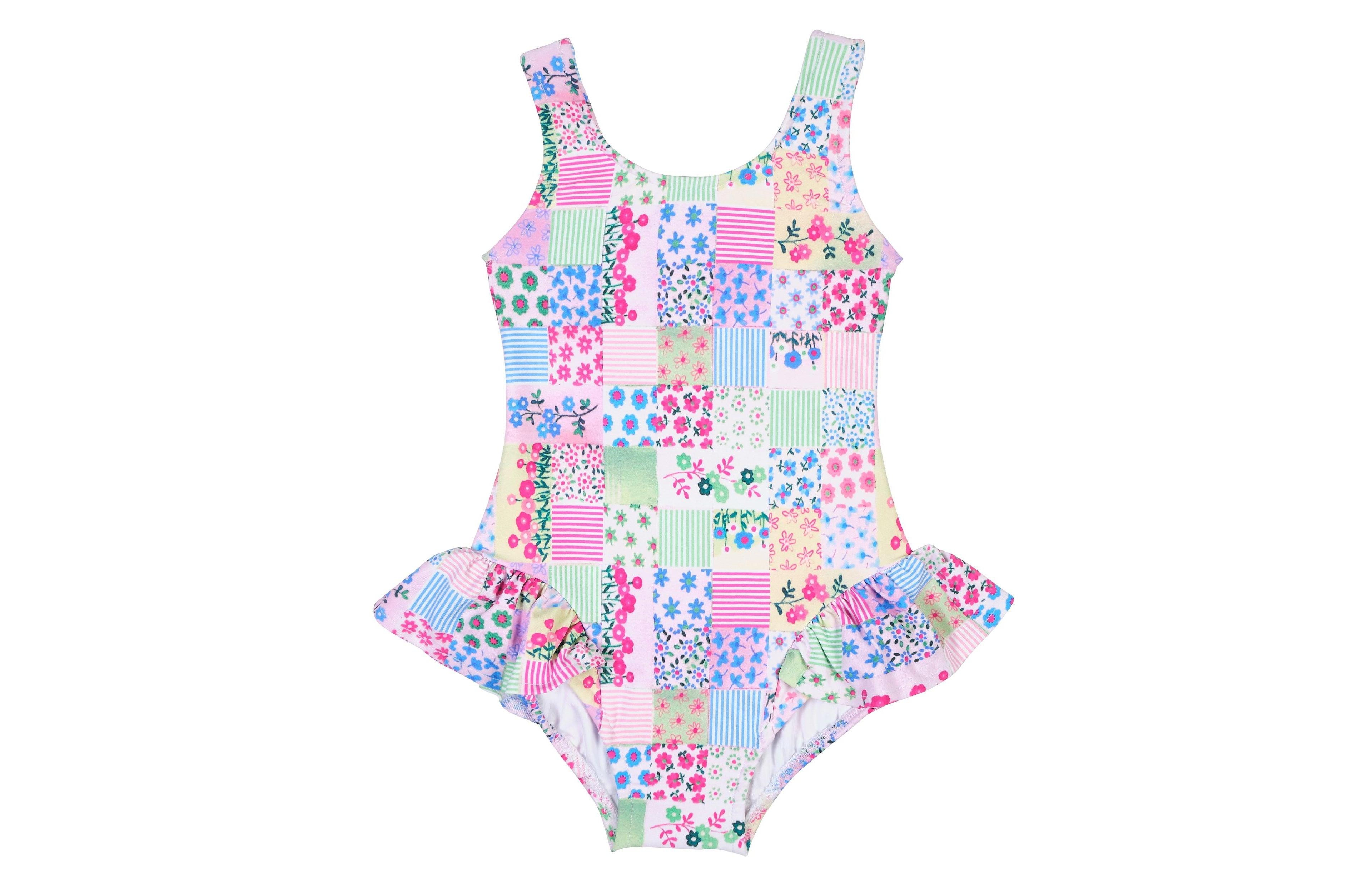 Florence Eiseman Girls Patchwork Floral Hip Ruffle Swimsuit
