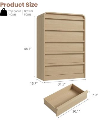 Arched 5 Drawer Dresser for Bedroom, 45in Tall Wooden 5 Chest of Drawers with Curved Profile Design, Modern Closet Storage Organizer