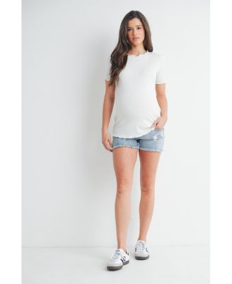 Women's Maternity Ribbed Crew Neck Short Sleeve Top with Lettuce Hem