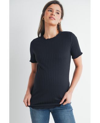 Women's Maternity Ribbed Crew Neck Short Sleeve Top with Lettuce Hem