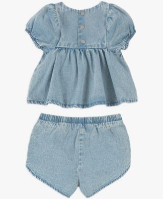 Baby Girls' Balloon Sleeve Top and Denim Shorts, 2-Piece Set