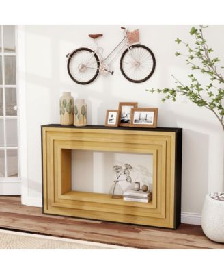 Modern Contrast Entryway Table Console Table with Layered Wood Frame and Black Top
