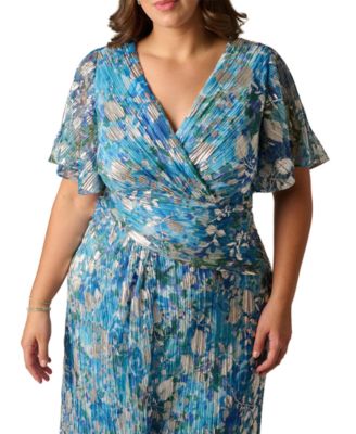 Plus Size V-Neck Foil Crinkle Ball Gown