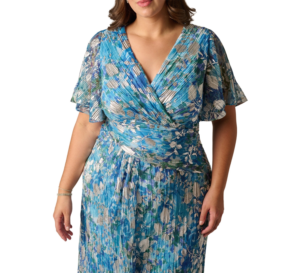 Adrianna Papell Plus V-Neck Foil Crinkle Ball Gown