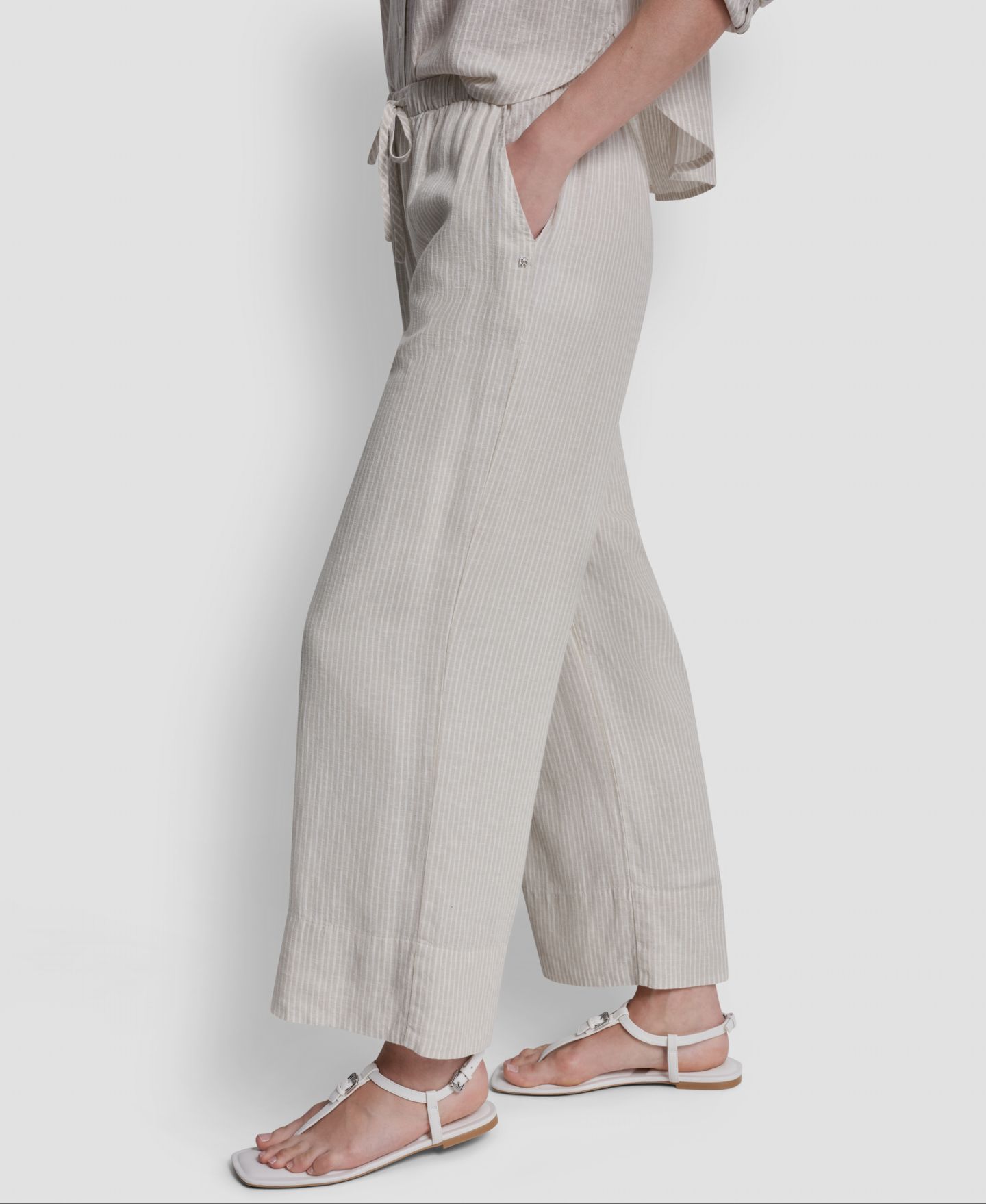 Женские брюки DKNY Jeans Petite Linen-Blend High-Waist Wide-Leg Drawstring, цвет: Галечный — фото 3