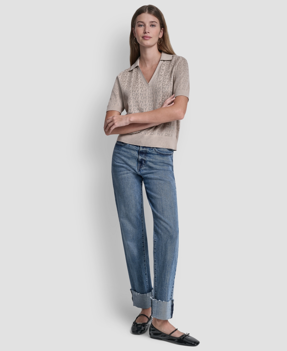 Dkny Jeans Petite Polo Collar Logo Sweater