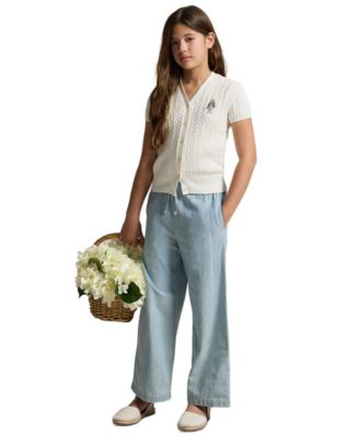 Girls' 7-16 Polo Bear Cable V-Neck Cardigan