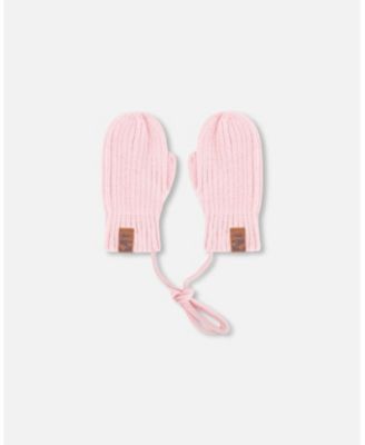 Baby Girls Knit Mittens with Cord Pale
