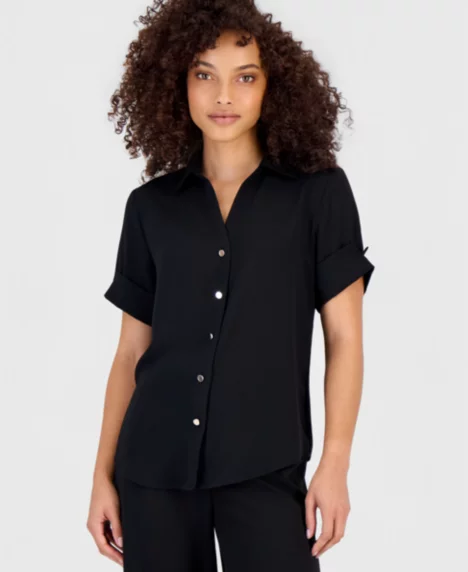 Petite Short-Sleeve Button-Front Shirt - Anne Black