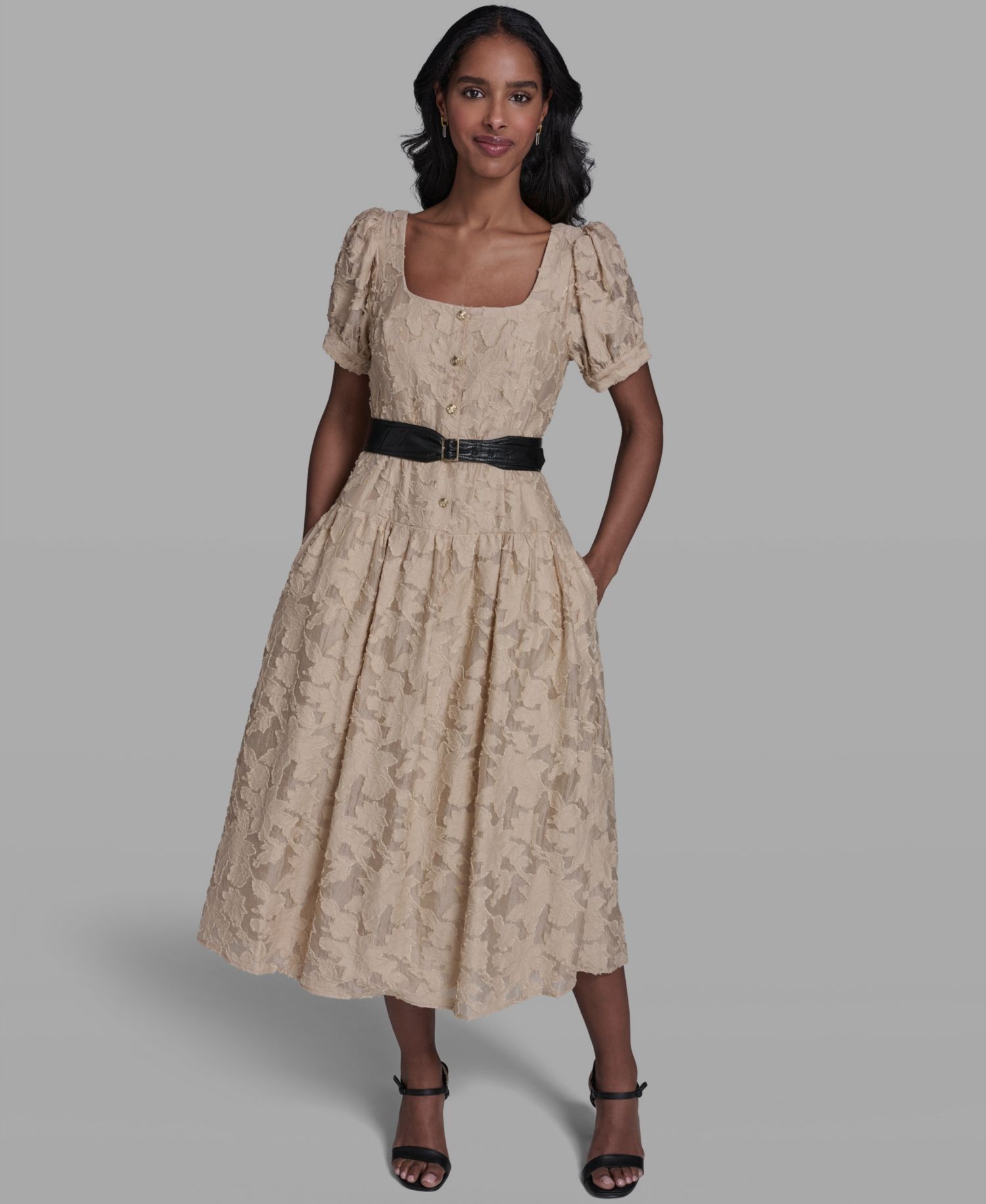 Women's Floral Lace Drop-Waist Belted Dress