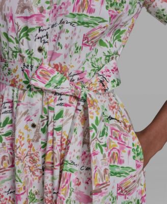 Women's Printed Short-Sleeve Tie-Waist Collared Shirt Dress