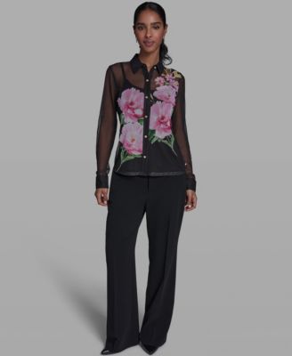 Women's Placed Floral Mesh Collared Shirt