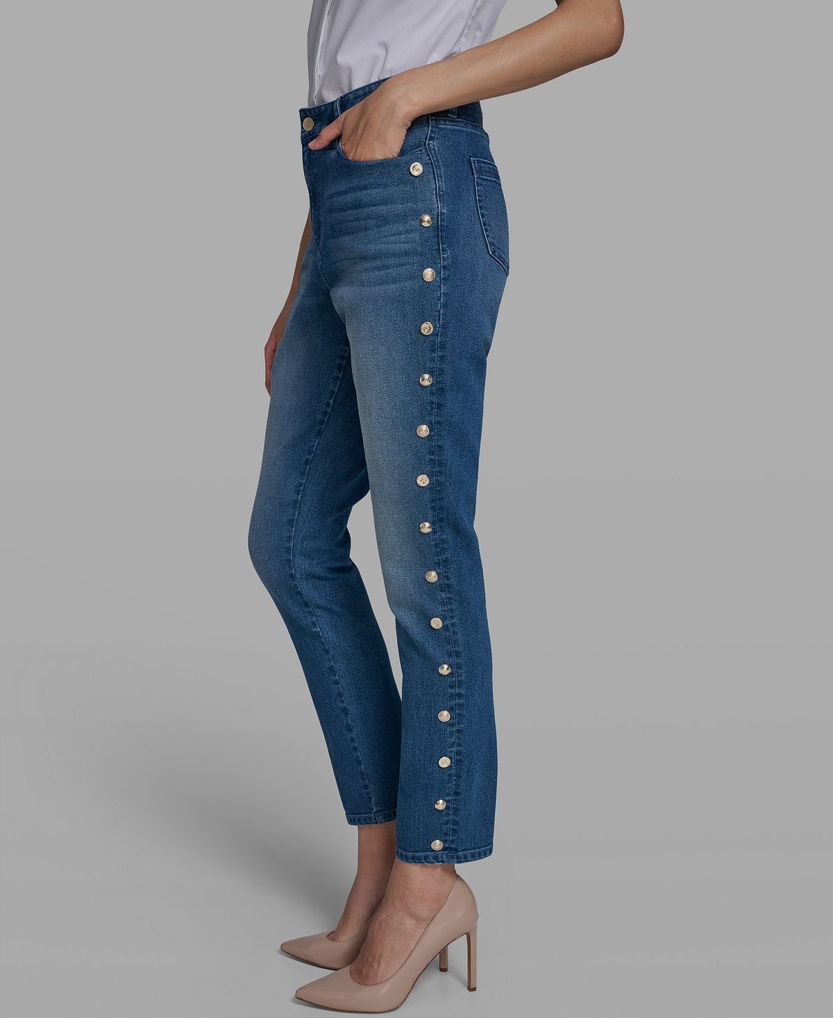 KARL LAGERFELD PARIS Women's Mid-Rise Studded Straight Jeans view 3 — MAYCSS fashion products